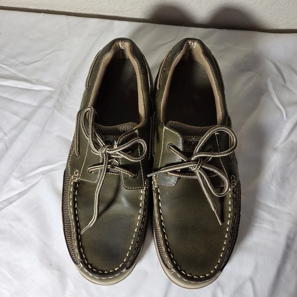 Margaritaville Mens Boat Shoes Olive Green Leather Textile Loafers Size 10 S1592